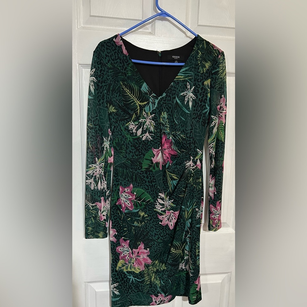 Guess Green Floral Wrap-Style Dress with Pink Accents